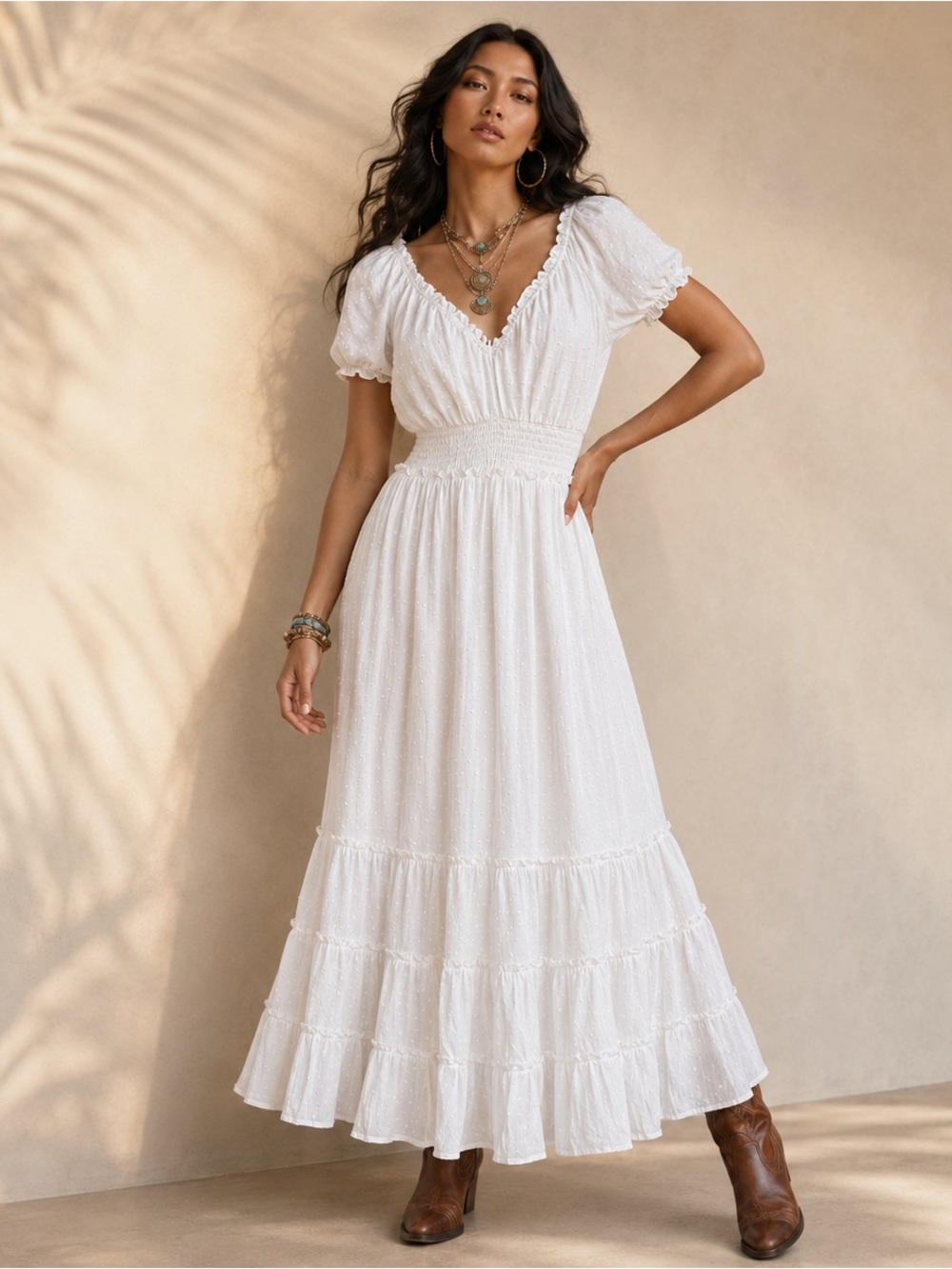 Betsey Johnson White Swiss Dot Smocked Tiered Maxi Dress Boho NWT Sz M